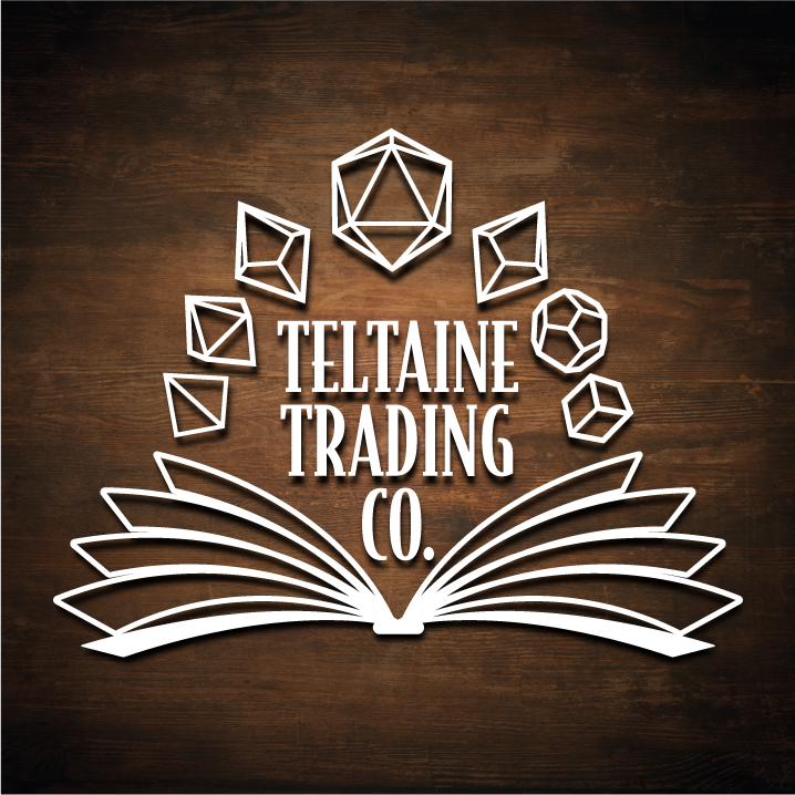 Teltaine Trading Company Logo framed between an arch of dice and a book.